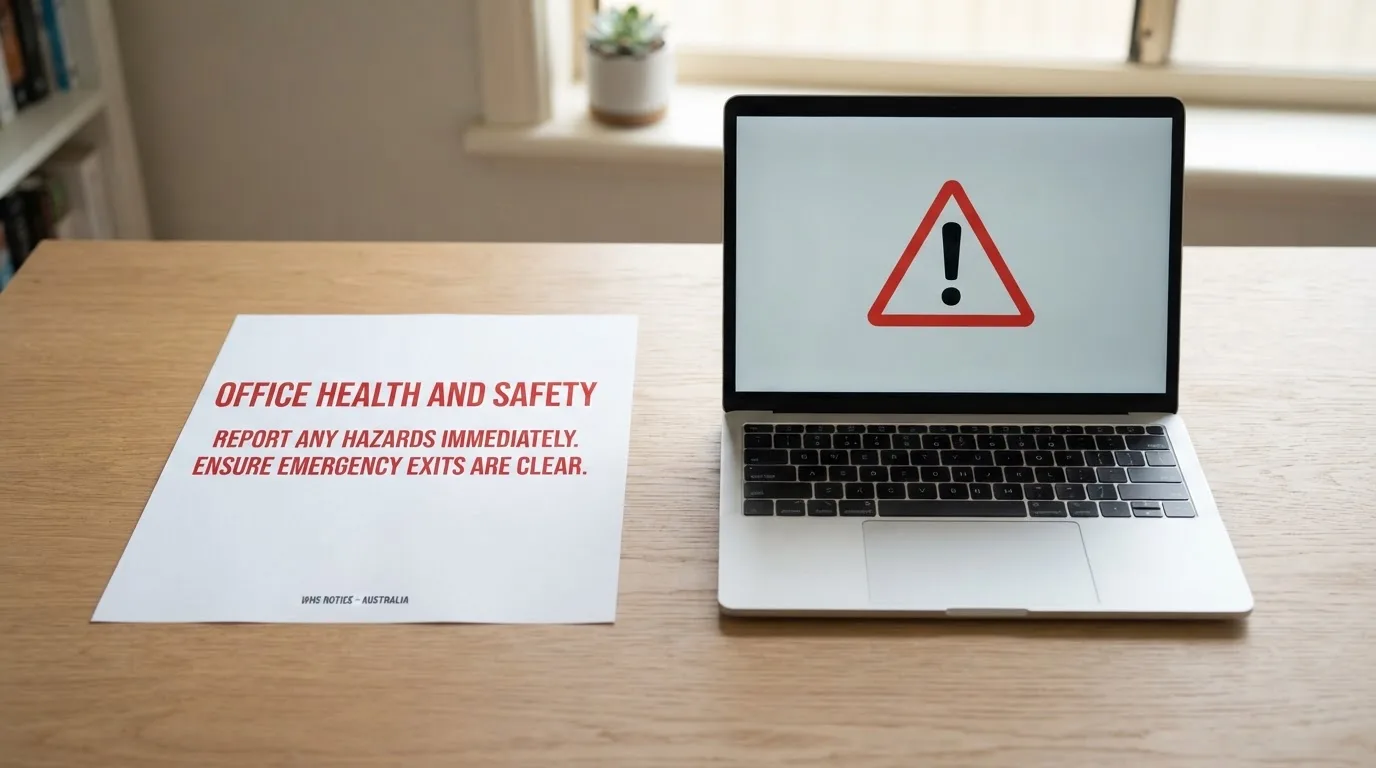A printed government warning notice on a desk beside a laptop with a red alert icon on the screen.