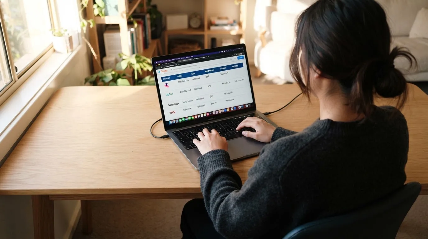 A laptop screen split between two browser tabs, one showing a comparison table and the other a search results page.