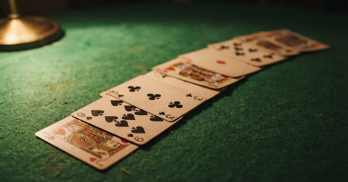 A close-up of a shuffled deck of playing cards fanned out on a green felt table.