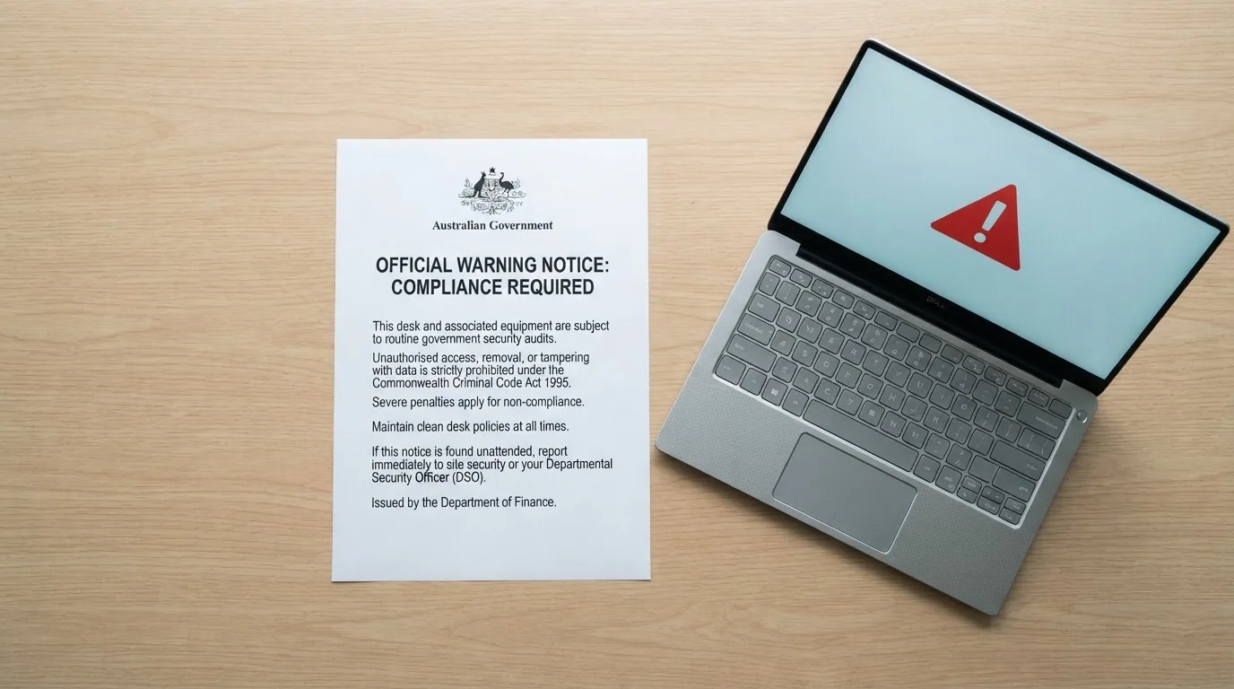 A printed government warning notice on a desk beside a laptop with a red alert icon on the screen.