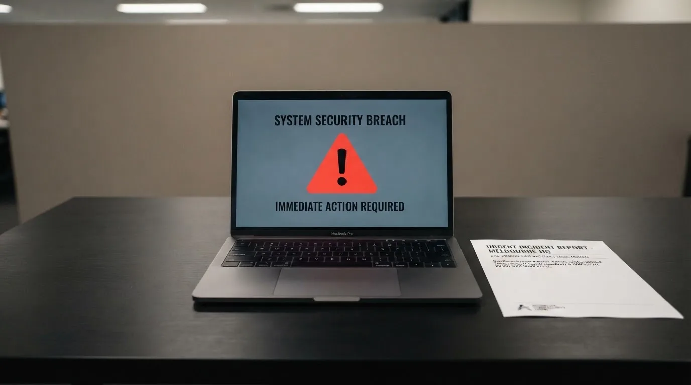 A printed government warning notice on a desk beside a laptop with a red alert icon on the screen.