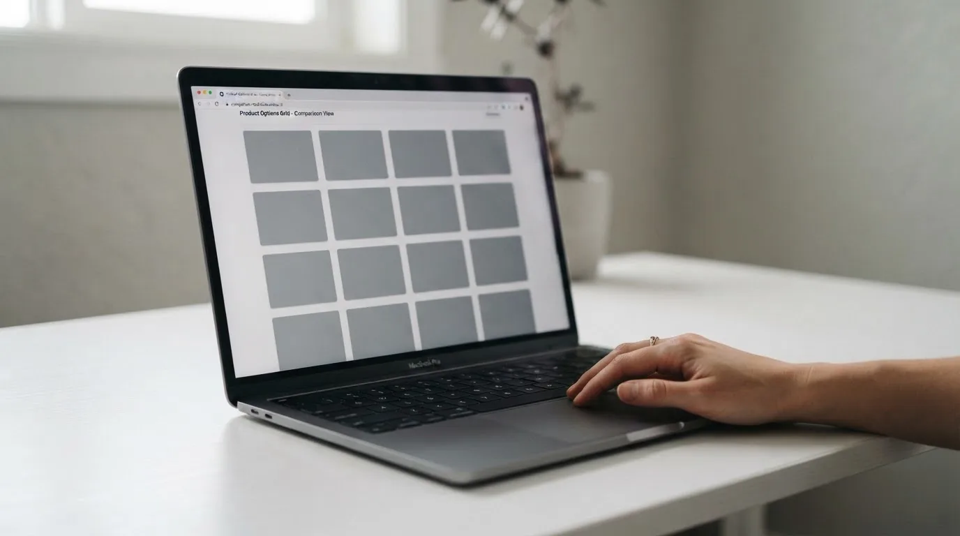 A laptop screen split between two browser tabs, one showing a comparison table and the other a search results page.