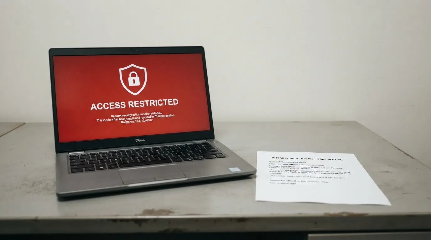 A printed government warning notice on a desk beside a laptop with a red alert icon on the screen.