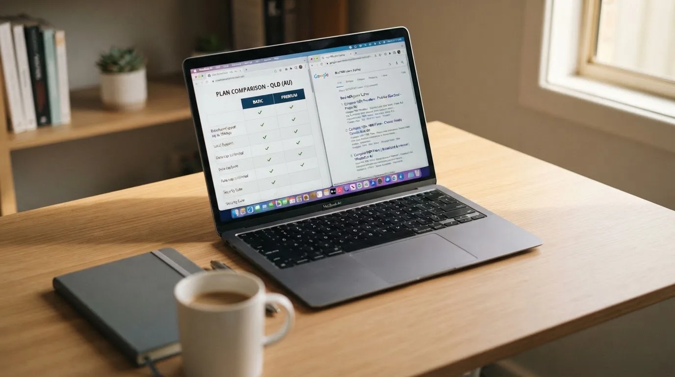 A laptop screen split between two browser tabs, one showing a comparison table and the other a search results page.