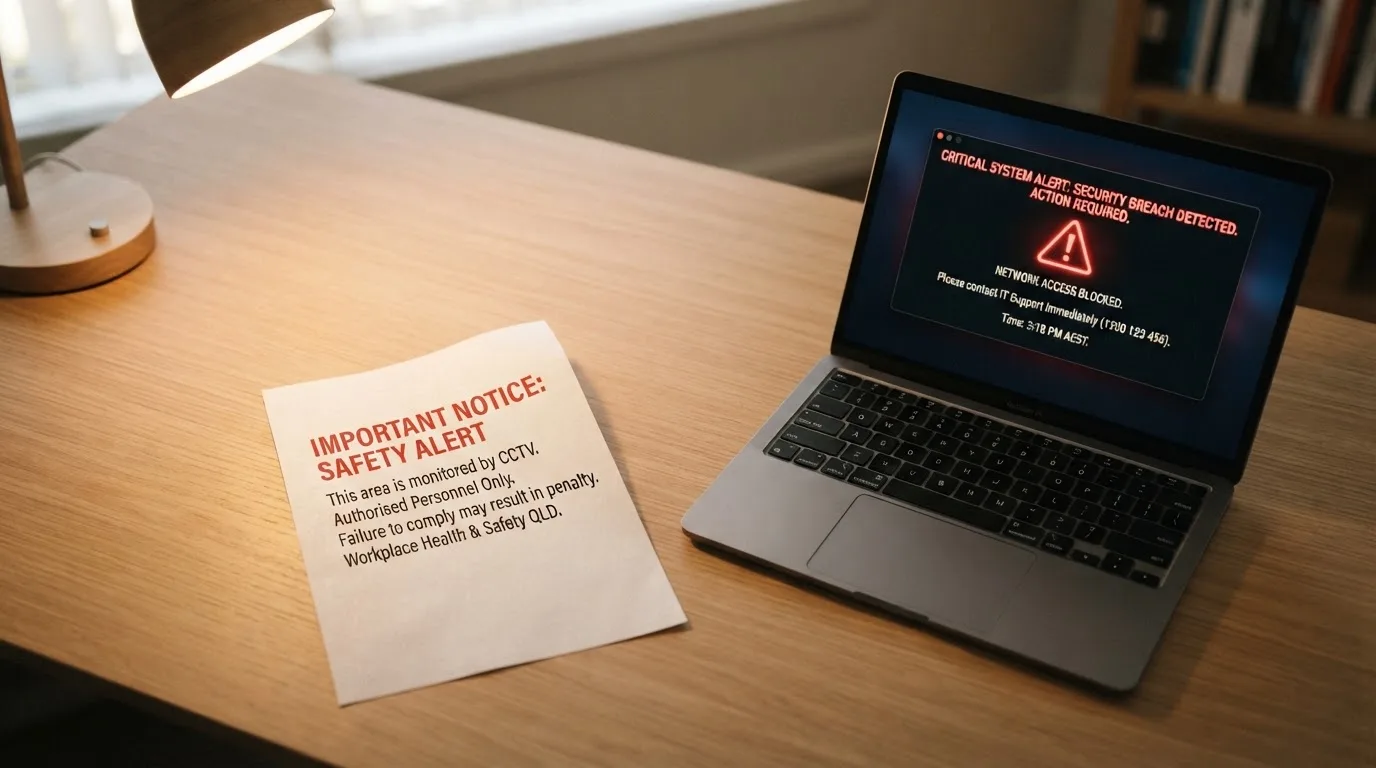 A printed government warning notice on a desk beside a laptop with a red alert icon on the screen.