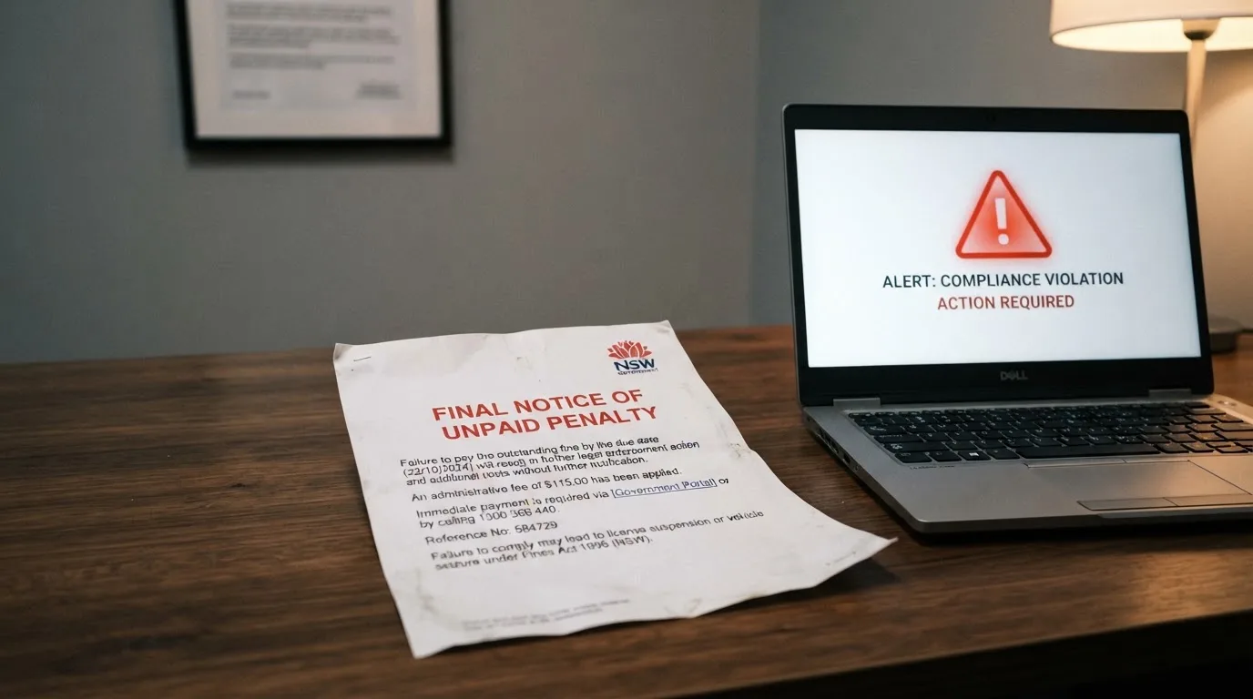 A printed government warning notice on a desk beside a laptop with a red alert icon on the screen.
