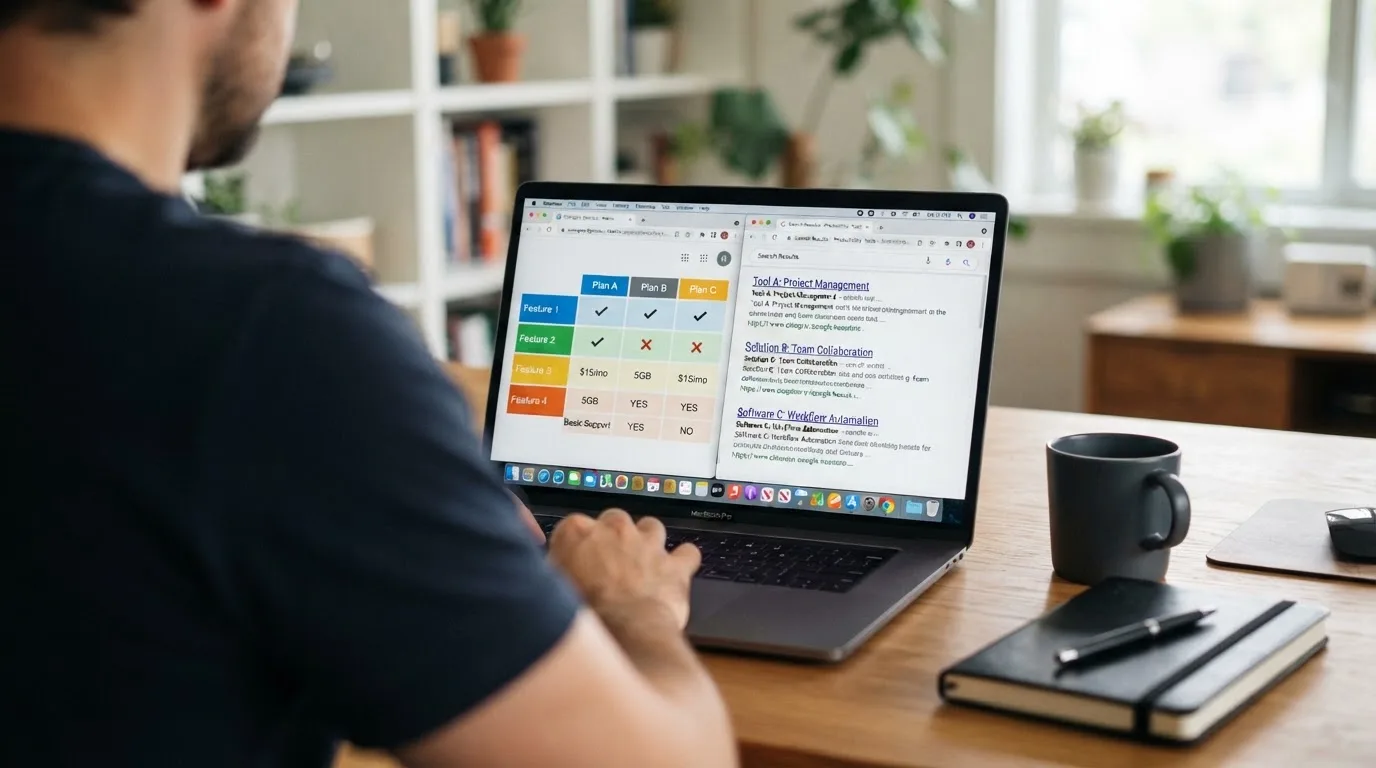 A laptop screen split between two browser tabs, one showing a comparison table and the other a search results page.