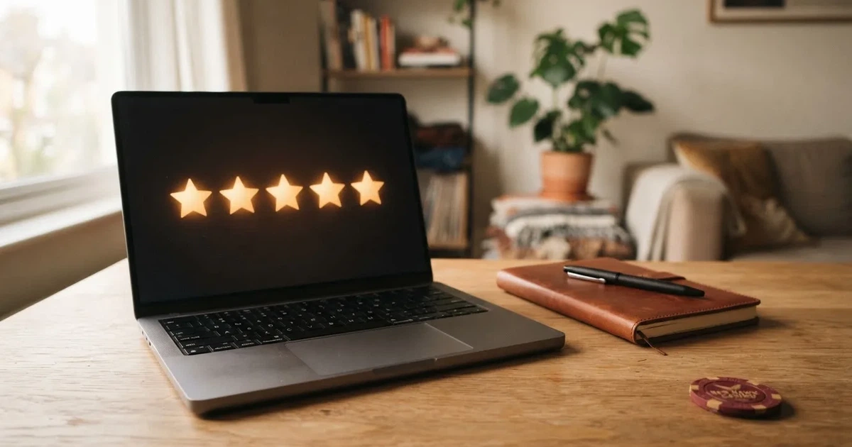 A five-star rating graphic displayed on a laptop screen next to a notepad.