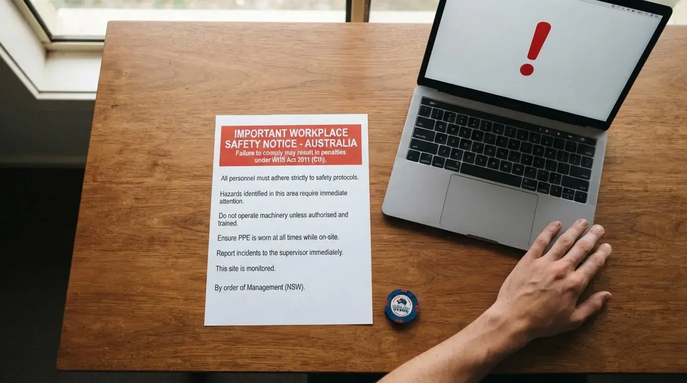 A printed government warning notice on a desk beside a laptop with a red alert icon on the screen.