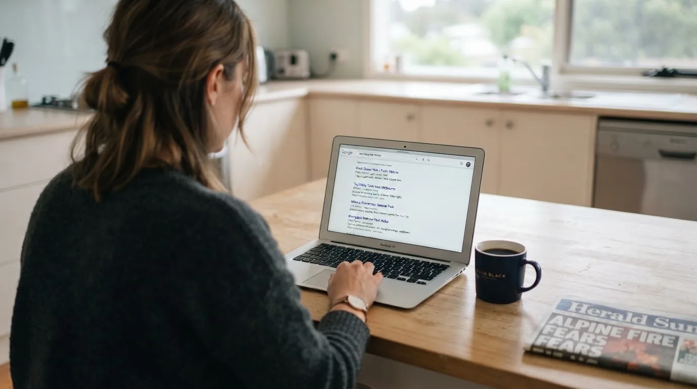 A person sits at a kitchen table, scrolling a laptop showing a general search results page about casino bonus offers.