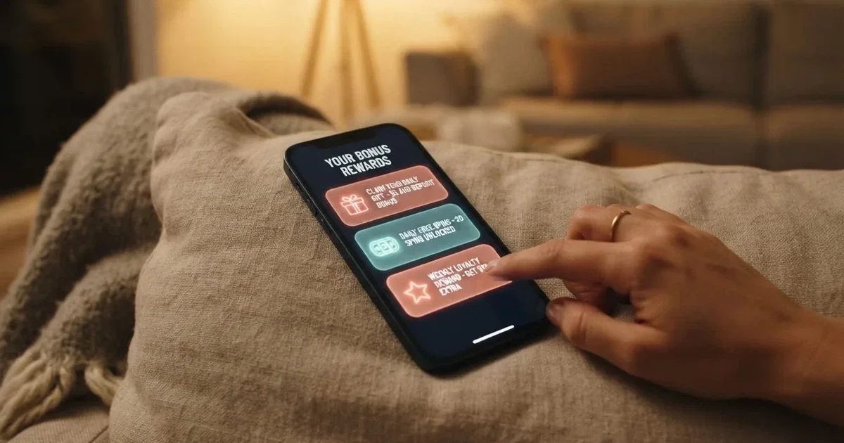 A phone screen shows a list of promotional bonus tiles as someone scrolls with one thumb on a couch in the evening.