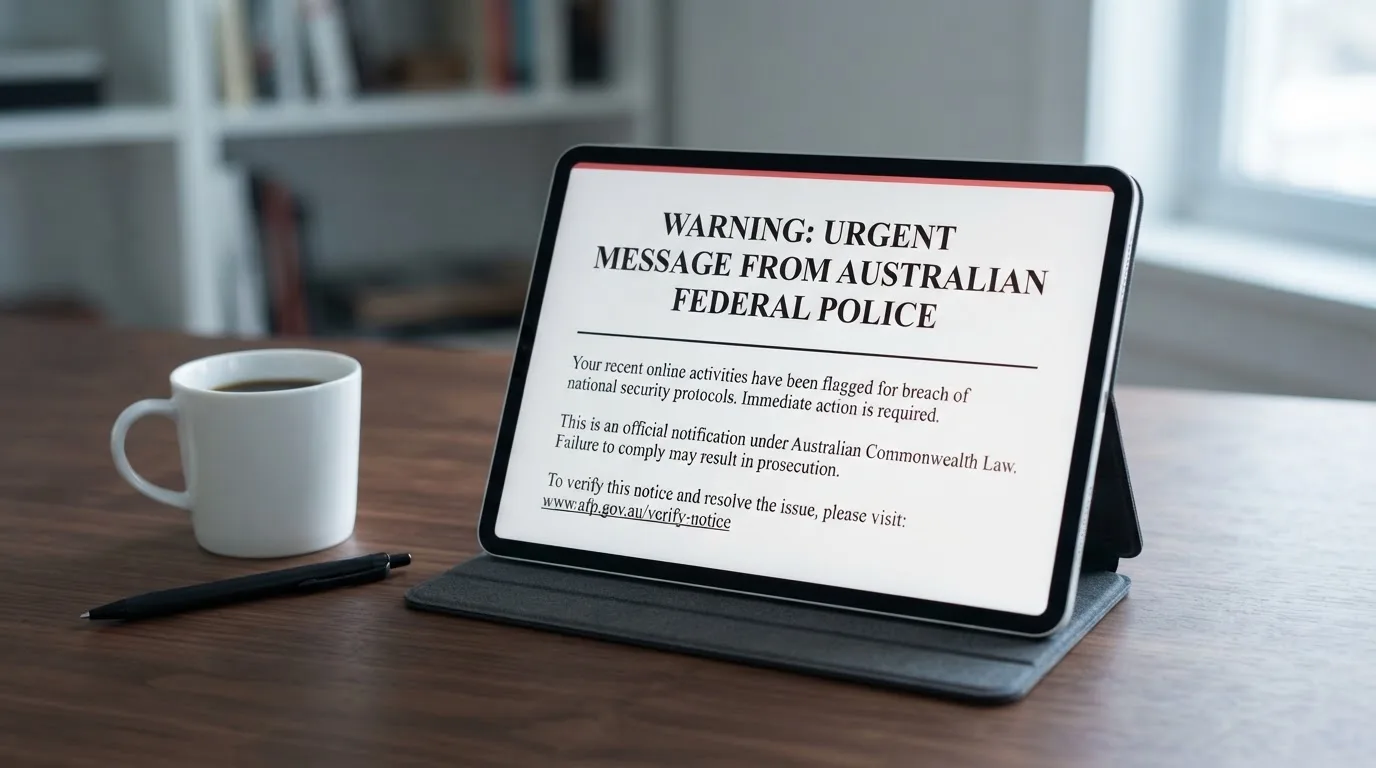 A tablet on a desk displays a plain government-style warning notice page, with a coffee cup beside it.