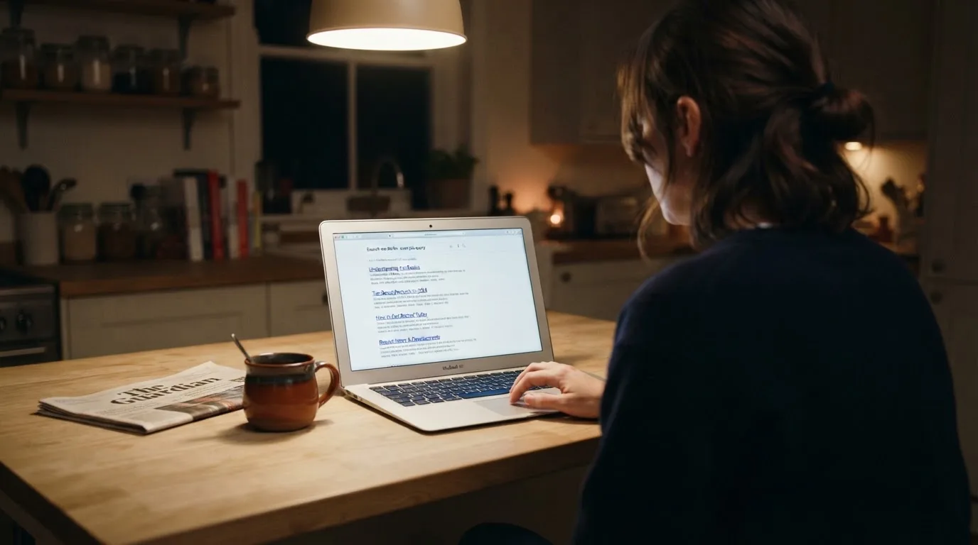 A person sits at a kitchen table, scrolling a laptop showing a general search results page about new casino sites.
