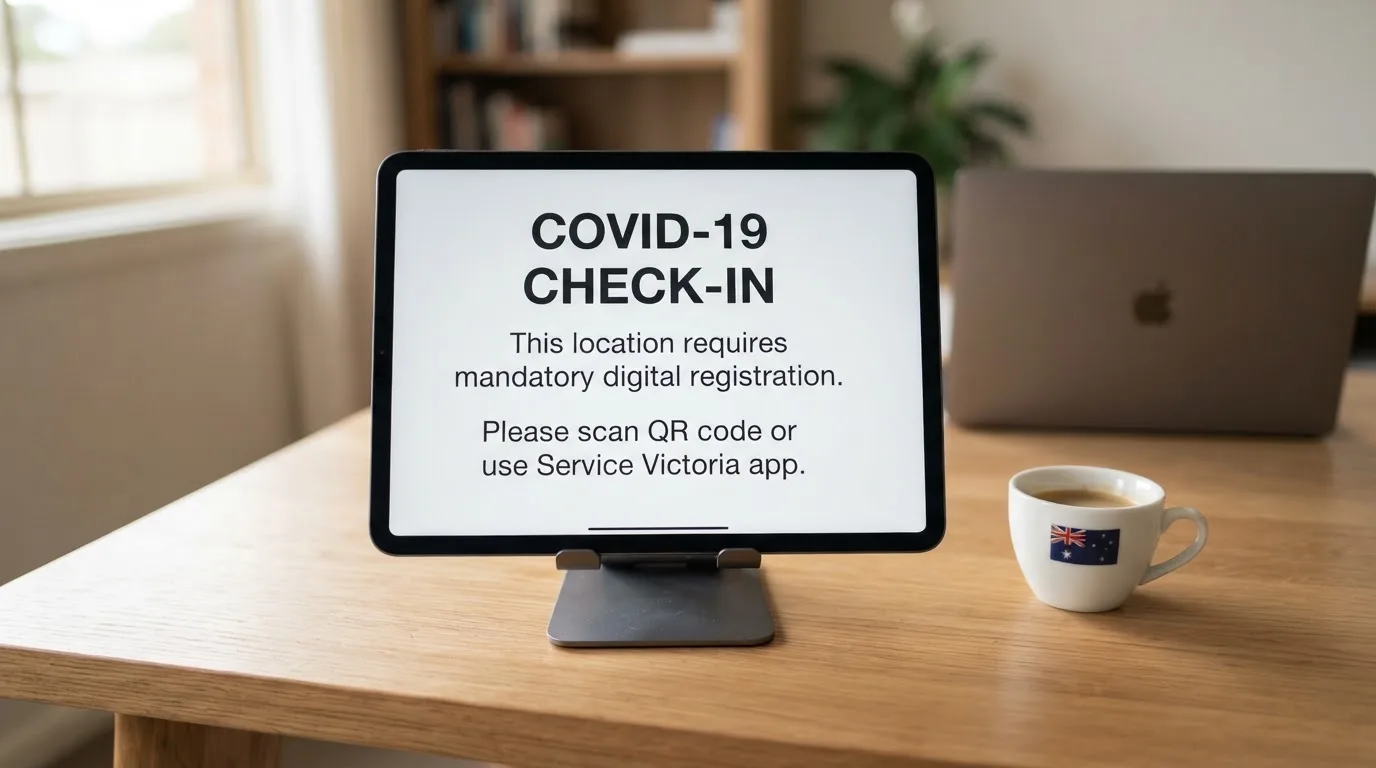 A tablet on a desk displays a plain government-style warning notice page, with a coffee cup beside it.