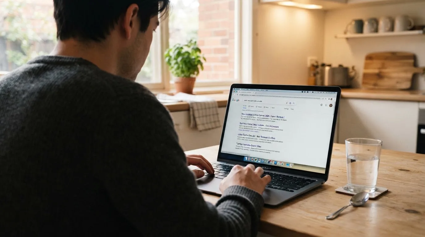 A person sits at a kitchen table, scrolling a laptop showing a general search results page about new casino sites.