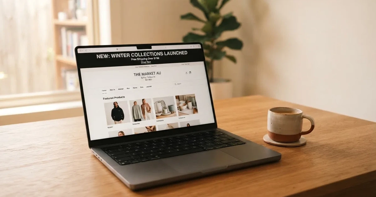 A laptop screen shows a freshly loading website homepage with a 'new' banner, on a plain desk.