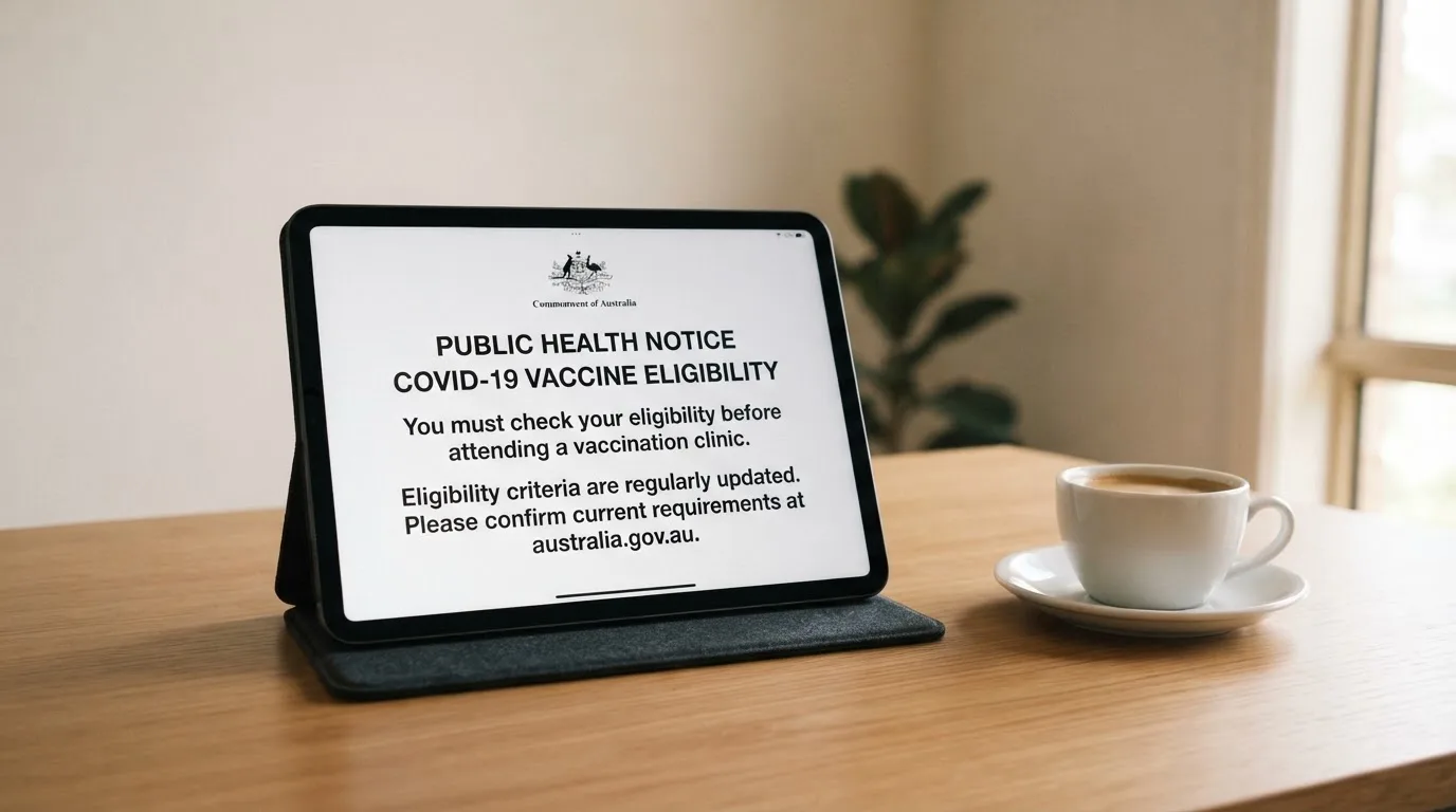 A tablet on a desk displays a plain government-style warning notice page, with a coffee cup beside it.