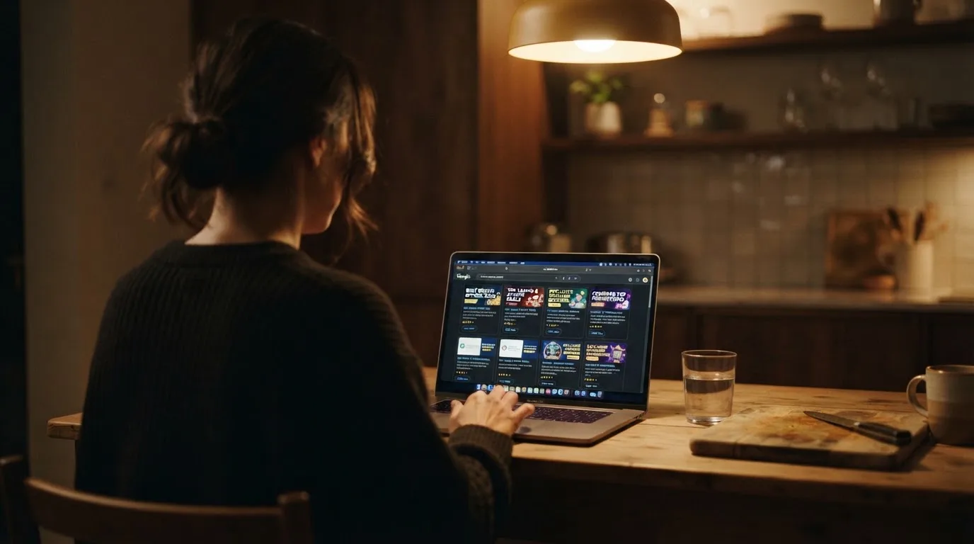 A person sits at a kitchen table in the evening, scrolling a laptop showing a general search results page about bonus offers.