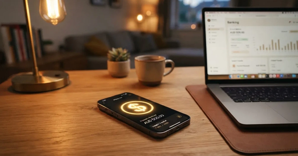 Close-up of a smartphone banking app open beside a laptop on a home desk, mid-transfer.