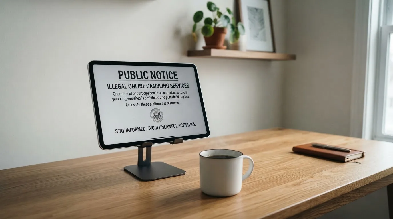 A tablet on a desk displays a plain government-style warning notice page, with a coffee cup beside it.