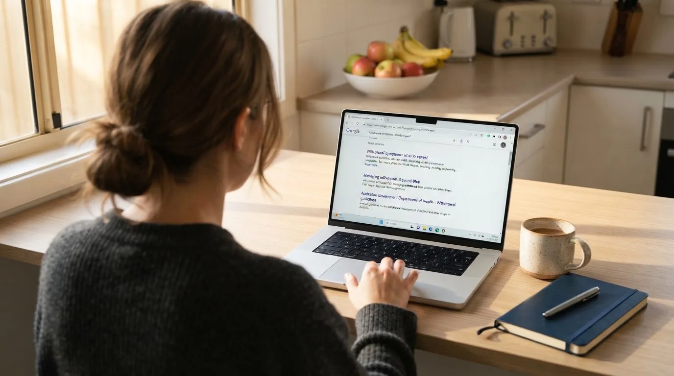 A person sits at a kitchen table, scrolling a laptop showing a general search results page about withdrawal claims.