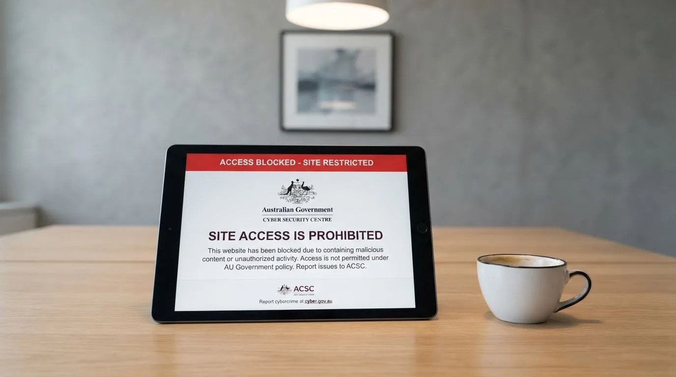 A tablet on a desk displays a plain government-style warning notice page, with a coffee cup beside it.