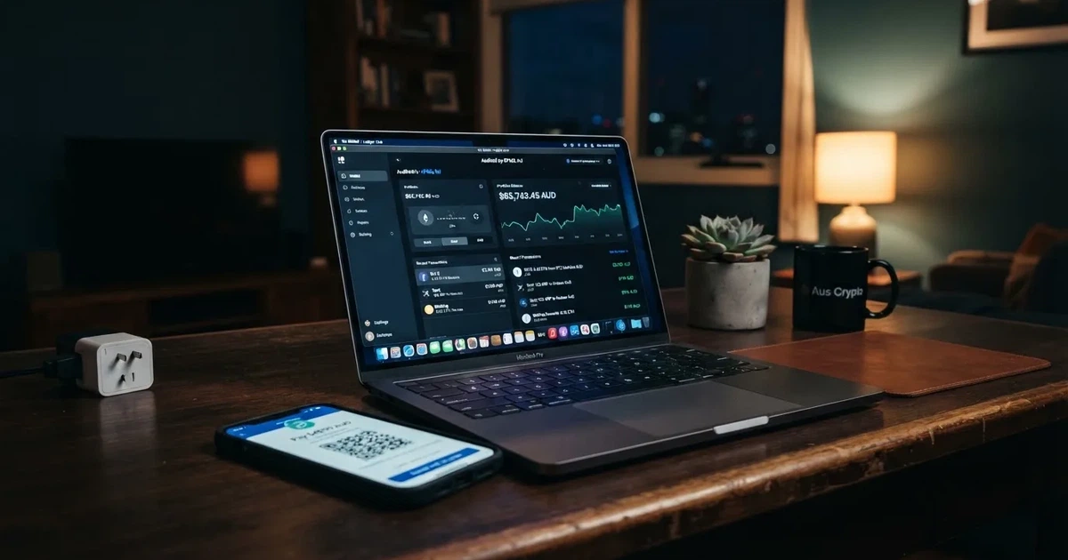 A laptop screen shows a cryptocurrency wallet balance next to a phone displaying a QR code, on a desk at night.