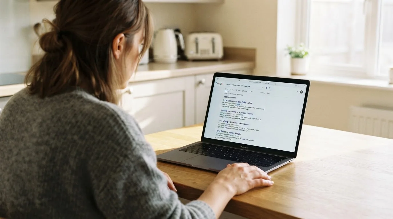 A person sits at a kitchen table, scrolling a laptop showing a general search results page about identity checks at casinos.