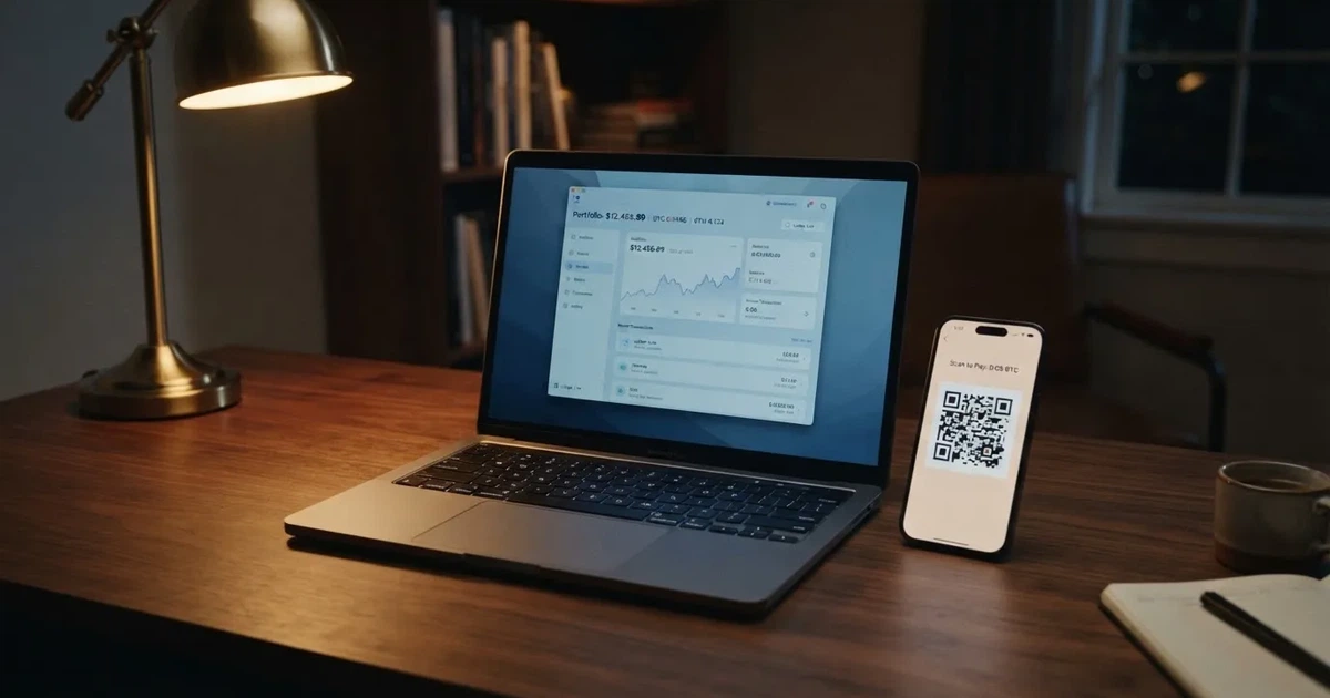 A laptop screen shows a cryptocurrency wallet balance next to a phone displaying a QR code, on a desk at night.