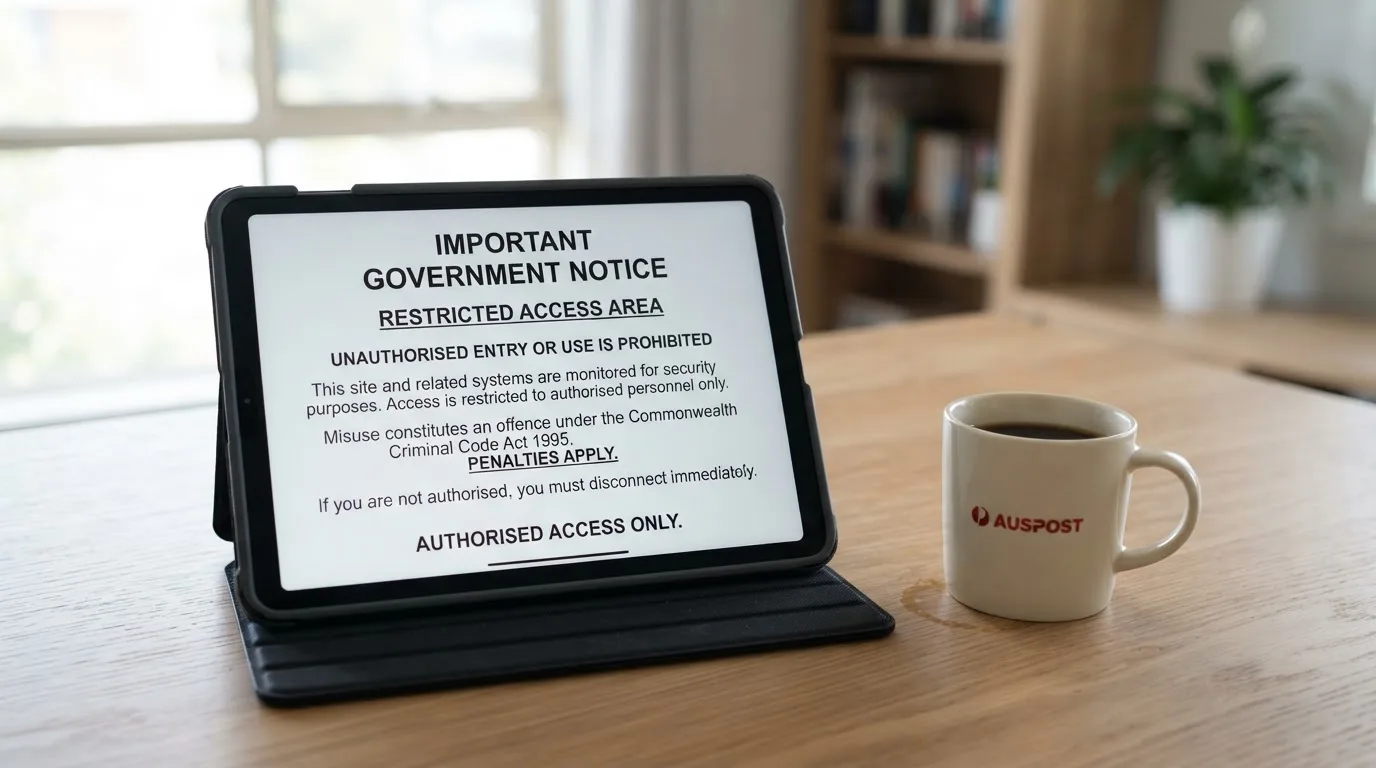 A tablet on a desk displays a plain government-style warning notice page, with a coffee cup beside it.
