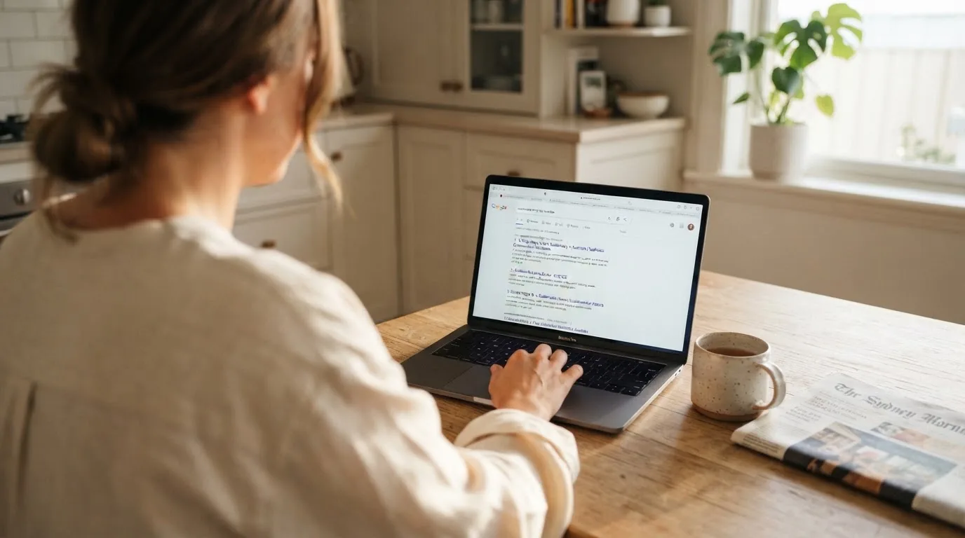 A person sits at a kitchen table, scrolling a laptop showing a general search results page about deposit limits.