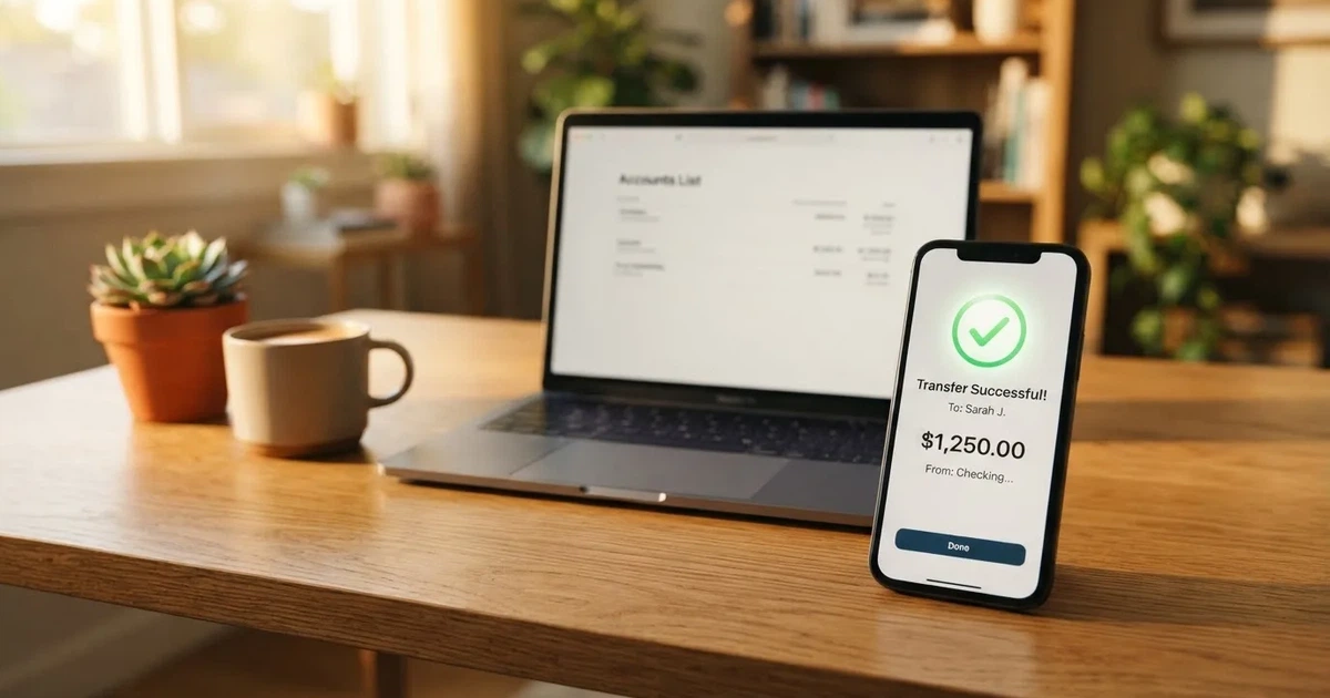 Close-up of a smartphone banking app open beside a laptop on a home desk, mid-transfer.