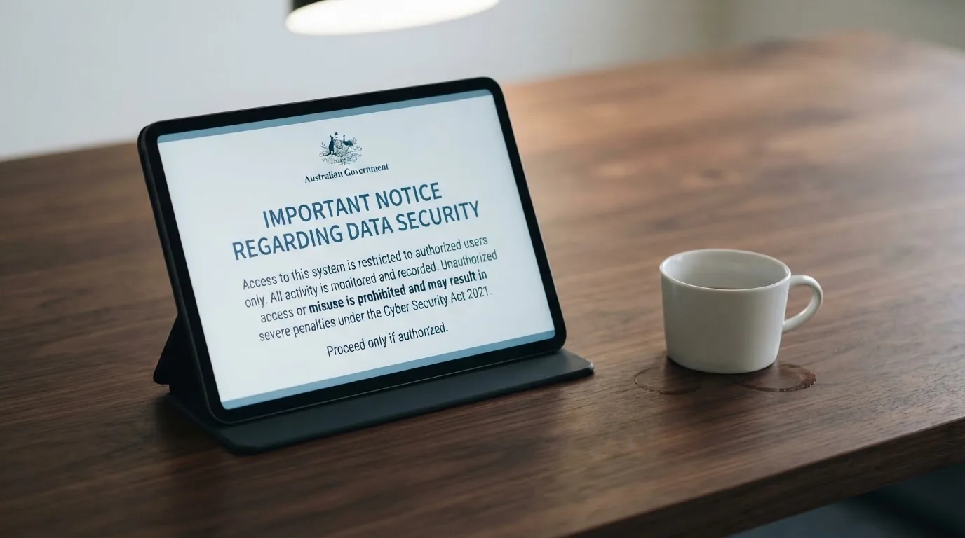 A tablet on a desk displays a plain government-style warning notice page, with a coffee cup beside it.