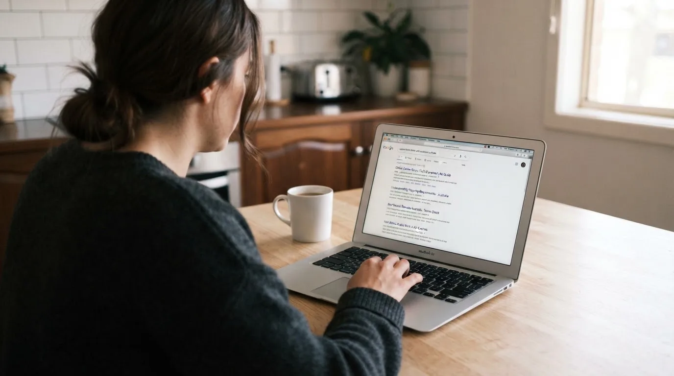 A person sits at a kitchen table, scrolling a laptop showing a general search results page about bonus terms.
