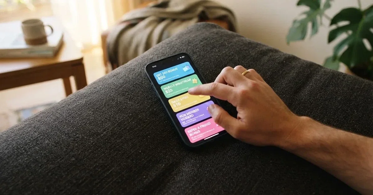 A phone screen shows a list of promotional bonus tiles as someone scrolls with one thumb on a couch.