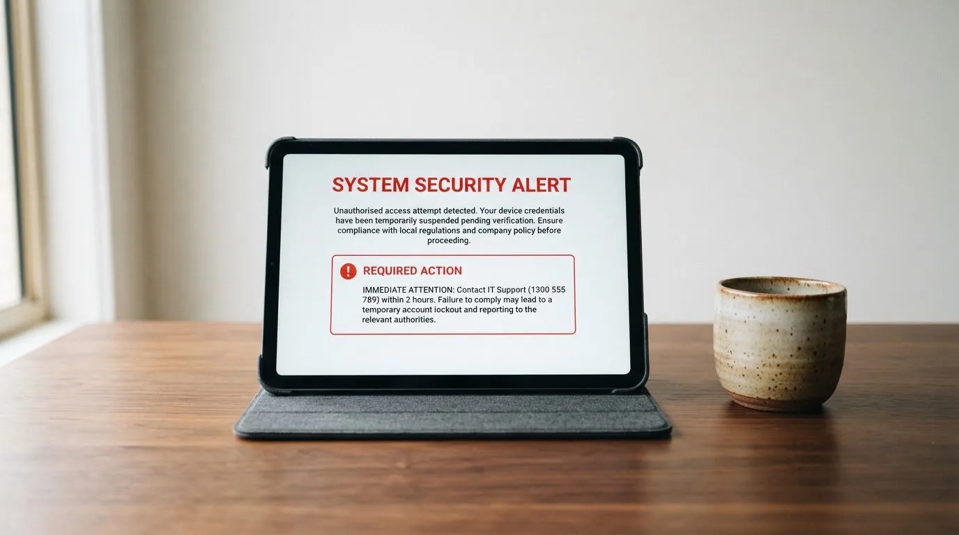 A tablet on a desk displays a plain government-style warning notice page, with a coffee cup beside it.