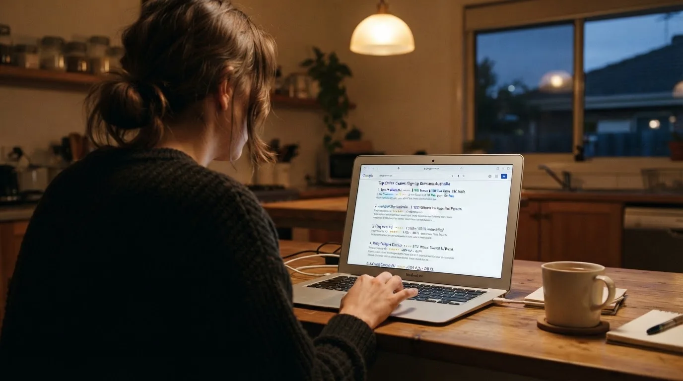A person sits at a kitchen table in the evening, scrolling a laptop showing a general search results page about bonus offers.