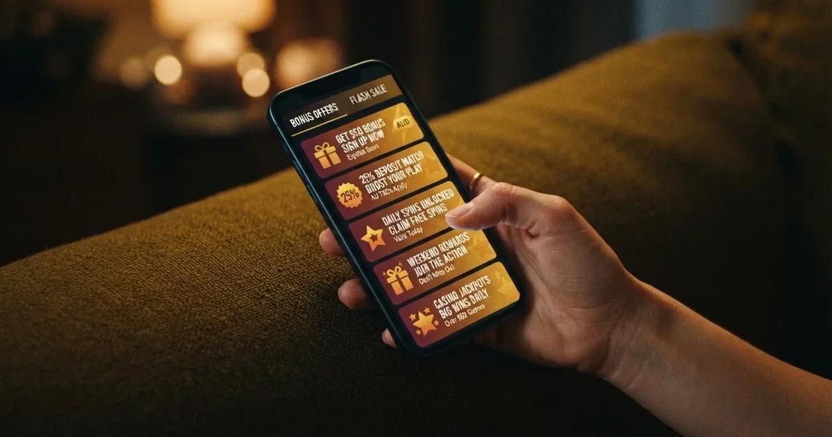 A phone screen shows a list of promotional bonus tiles as someone scrolls with one thumb on a couch.