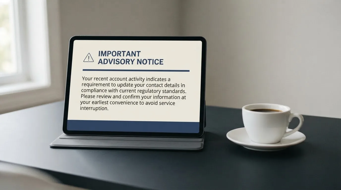 A tablet on a desk displays a plain government-style warning notice page, with a coffee cup beside it.