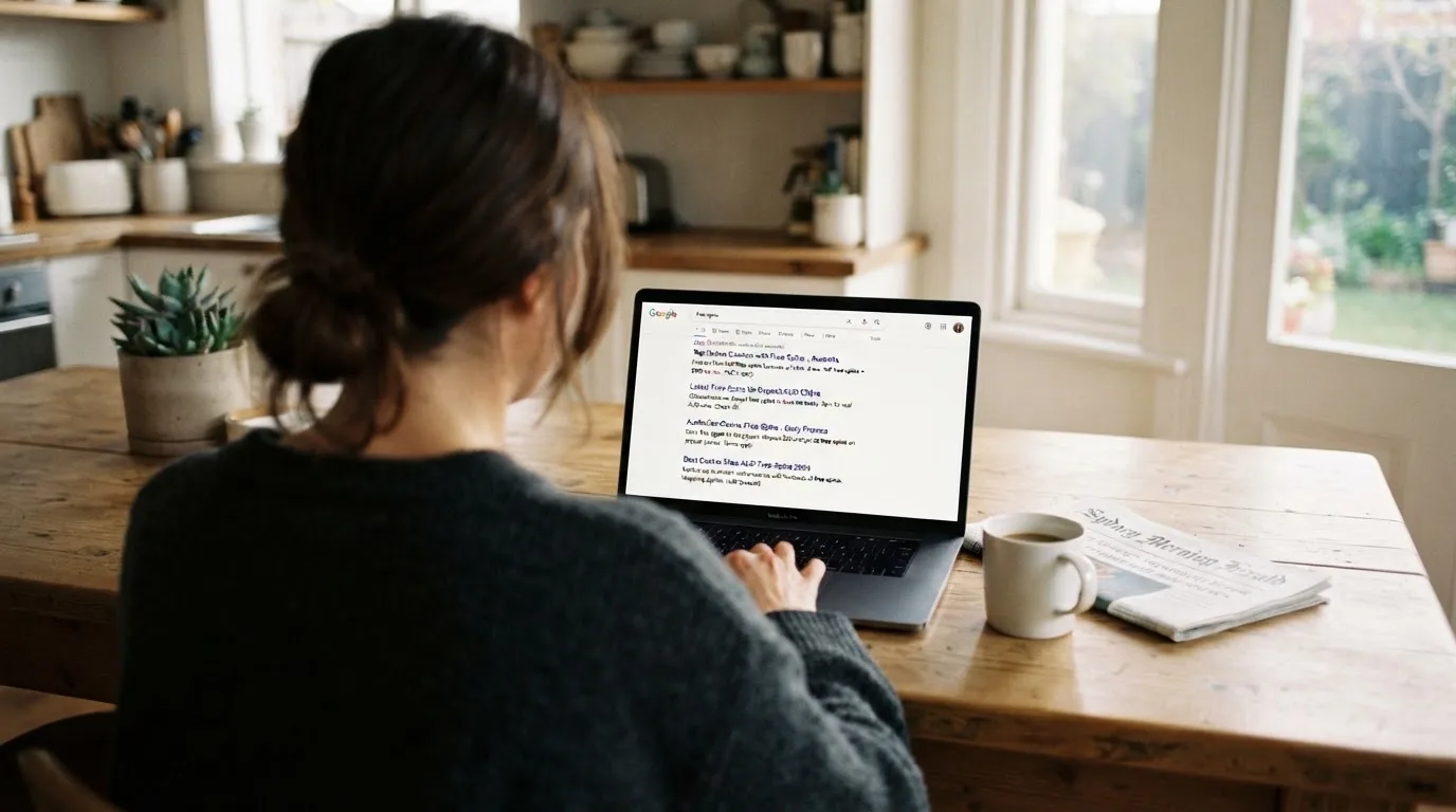A person sits at a kitchen table, scrolling a laptop showing a general search results page about free spins offers.