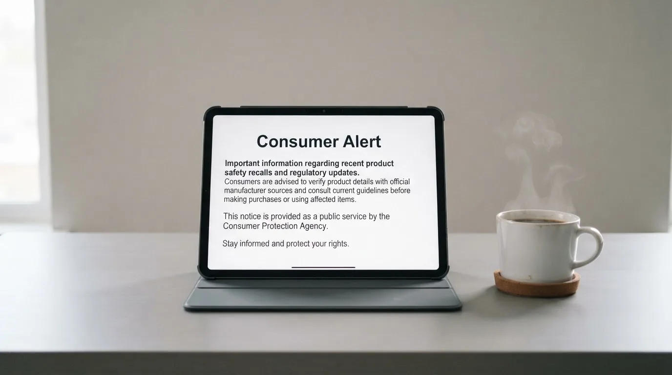 A tablet on a desk displays a plain government-style warning notice page, with a coffee cup beside it.