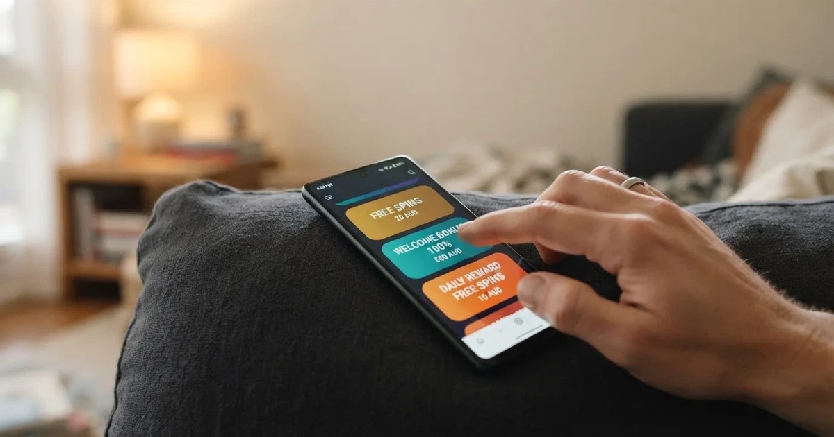 A phone screen shows a list of promotional bonus tiles as someone scrolls with one thumb on a couch.