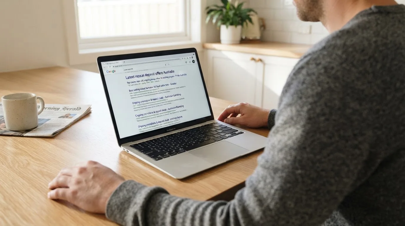 A person sits at a kitchen table, scrolling a laptop showing a general search results page about repeat-deposit offers.