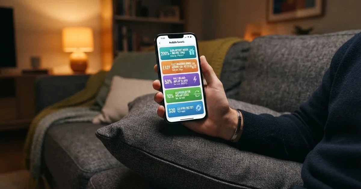 A phone screen shows a list of promotional bonus tiles as someone scrolls with one thumb on a couch.