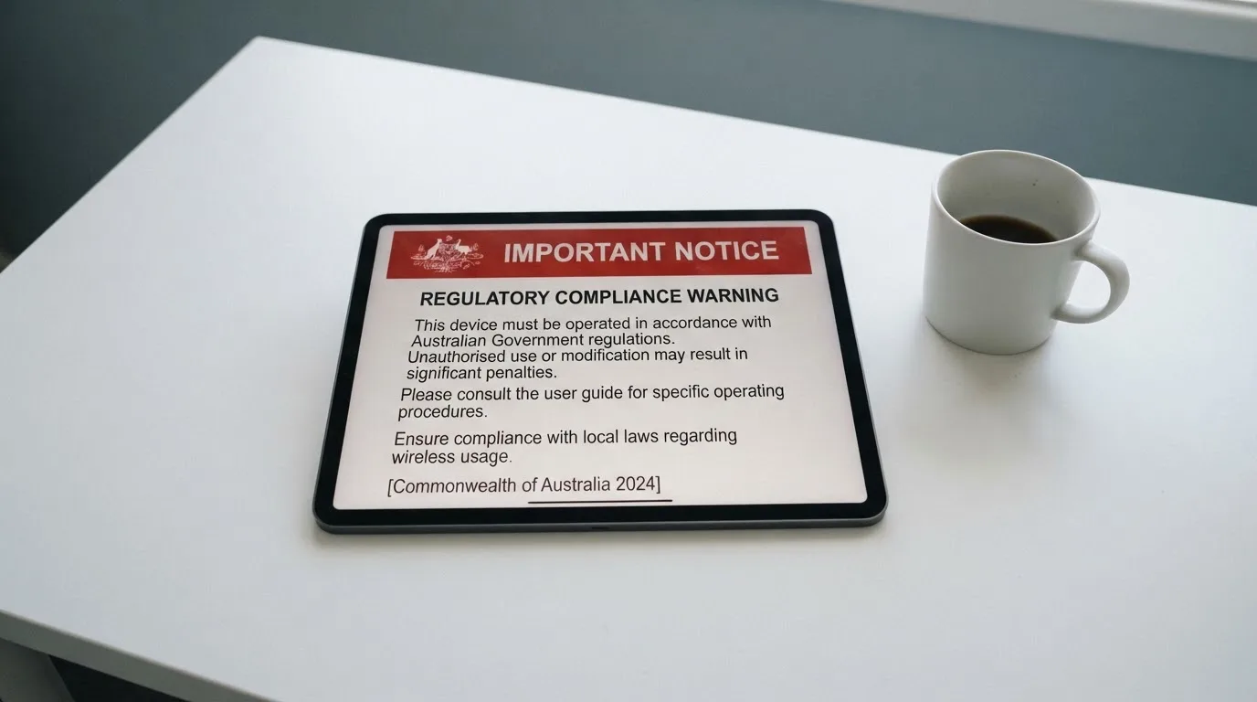A tablet on a desk displays a plain government-style warning notice page, with a coffee cup beside it.