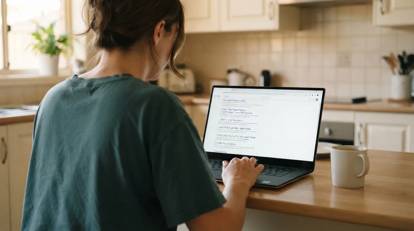 A person sits at a kitchen table, scrolling a laptop showing a general search results page about e-wallet options.