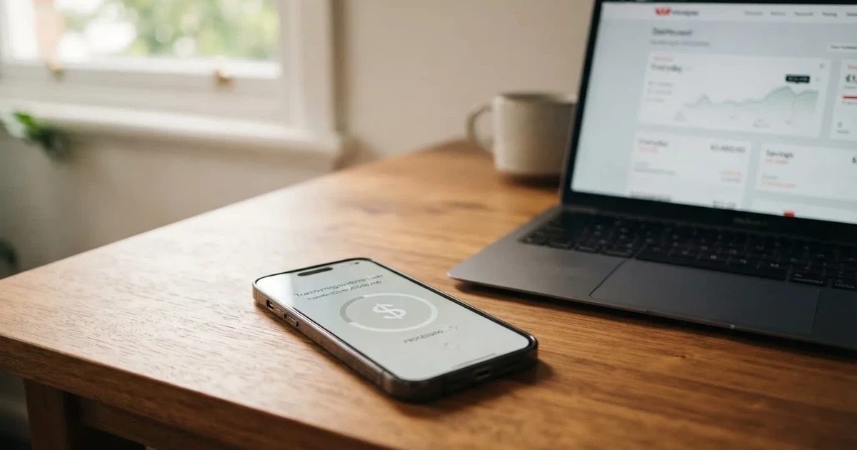 Close-up of a smartphone banking app open beside a laptop on a home desk, mid-transfer.