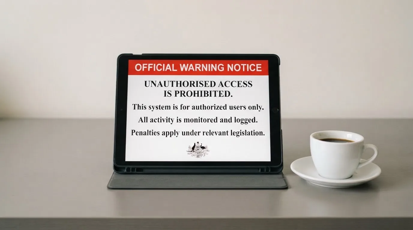 A tablet on a desk displays a plain government-style warning notice page, with a coffee cup beside it.
