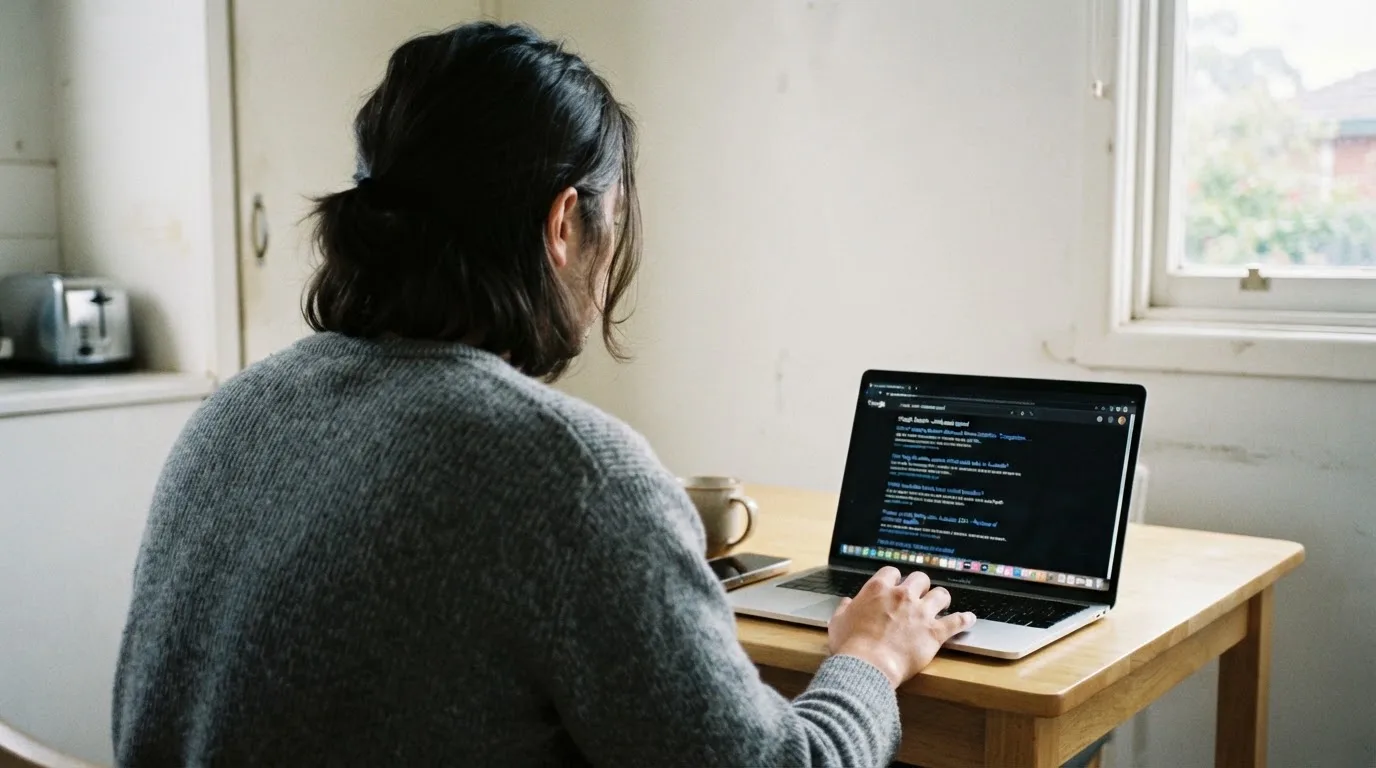A person sits at a kitchen table, scrolling a laptop showing a general search results page about withdrawal speed.