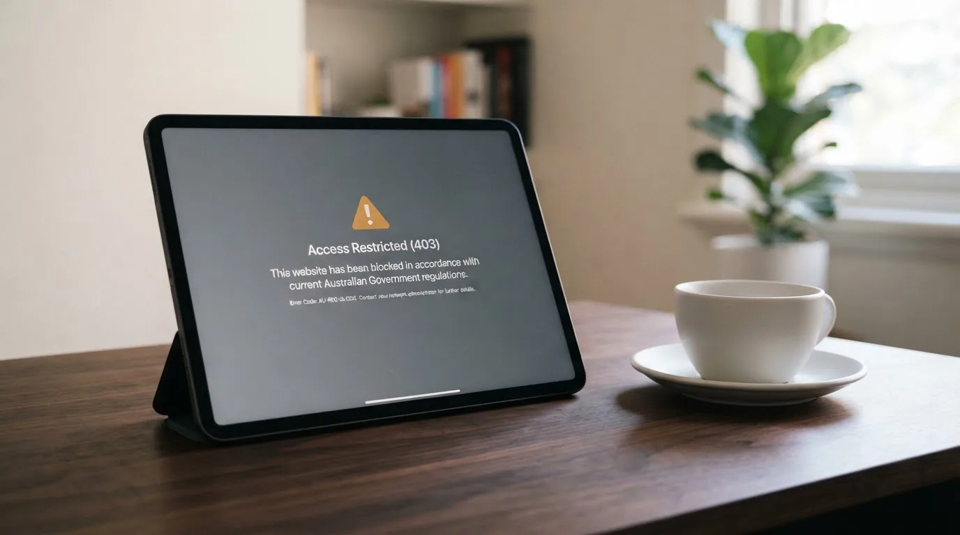 A tablet on a desk displays a plain government-style warning notice page, with a coffee cup beside it.